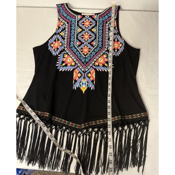 Savannah Jane Women's Size Medium Black Tank Aztec Print Fringe - Picture 8 of 8
